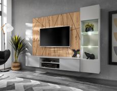 Woonwand / Kleur: Perla Grijs / Artisan eiken / Push-to-open-functie / Maten: 200 x 35 x 148 cm / incl. LED verlichting / 1 TV-onderkast / 1 vitrine kast