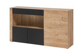 Vitrinekast / push-to-open functie / 3 deuren / kleur: Ribbeck eik / mat zwart / 5 vakken / afmetingen: 160 x 40 x 93 cm / voor in huis