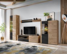 Woonwand / kleur: Ribbeck eik / mat zwart / push-to-open functie / incl. LED-verlichting / afmetingen: 320 x 45 x 192 cm / 2 vitrines / 1 TV-onderkast / 1 wandplank