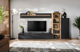 Woonwand / kleur: Ribbeck eiken / zwart / push-to-open functie / afmetingen: 240 x 40 x 127 cm / 11 vakken / 1 kast / 1 Open kast / 1 TV-onderkast / 1 wandplank