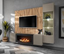 Woonwand / incl. LED-verlichting / kleur: Perla grijs / Artisan eiken / push-to-open functie / 200 x 40 x 158 cm / 1 TV-onderkast / 1 vitrinekast