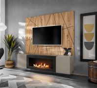 Woonwand / bio-ethanol haard / kleur: kleigrijs / eiken Artisan / 160 x 40 x 158 cm / push-to-open functie / 1 achterpaneel / 1 TV-onderkast