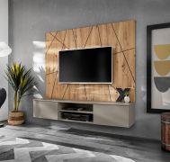 Woonwand / push-to-open functie / kleur: Perla grijs / Artisan eiken / 160 x 35 x 148 cm / 4 vakken / 1 kabelkanaal / incl. achterpaneel