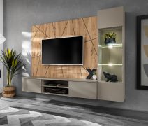 Woonwand / kleur: Kleigrijs / Artisan eiken / push-to-open functie / 200 x 35 x 148 cm / incl. LED-verlichting / 1 vitrinekast / 1 TV-onderkast / 1 achterpaneel