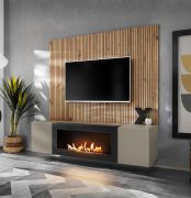 Woonwand / Kleur: Kleigrijs / Artisan eiken / Bio-ethanol haard / Push-to-open functie / 160 x 40 x 158 cm / 1 TV-onderkast / 1 achterpaneel