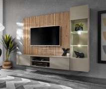 Woonwand / kleur: Kleigrijs / Artisan eiken / push-to-open functie / 200 x 35 x 148 cm / incl. LED-verlichting / 1 TV-onderkast / 1 vitrinekast