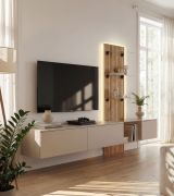 Woonwand / incl. geïntegreerde LED-verlichting / kleur: Clay grijs / Coast Evoke eik / push-to-open functie / 300 x 45 x 160 cm / geribbeld front / lang tv-rek