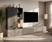 Woonwand / kleigrijs / zwart marmer / incl. bio-ethanol haard / push-to-open functie / 270 x 40 x 158 cm / modern design / voor in huis