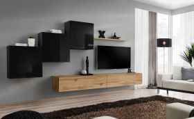 Woonwand in het bijzondere design Balestrand 158, kleur: zwart / eiken Wotan - Afmetingen: 150 x 330 x 40 cm (H x B x D), met push-to-open-functie