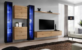 Woonwand in het stijlvolle design Balestrand 254, kleur: zwart / eiken Wotan - Afmetingen: 180 x 330 x 40 cm (H x B x D), met LED verlichting