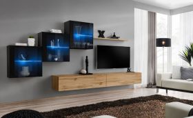Woonwand met push-to-open-functie Balestrand 318, kleur: zwart / eiken Wotan - afmetingen: 150 x 330 x 40 cm (H x B x D)