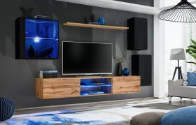 Elegant wandmeubel Volleberg 46, kleur: zwart / eiken Wotan - Afmetingen: 140 x 250 x 40 cm (H x B x D), met vijf deuren