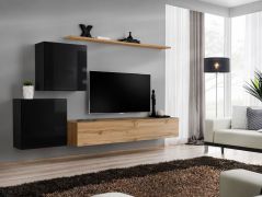 Woonwand in het stijlvolle design Balestrand 78, kleur: zwart / eiken Wotan – afmetingen: 150 x 250 x 40 cm (H x B x D), met push-to-open-functie