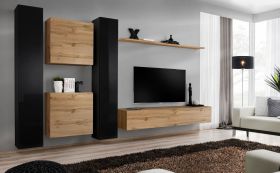Stijlvolle woonwand Balestrand 94, kleur: zwart / eiken Wotan - Afmetingen: 180 x 330 x 40 cm (H x B x D), met vier deuren
