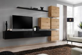 Woonwand in het elegante design Balestrand 142, kleur: zwart / eiken Wotan - Afmetingen: 200 x 310 x 40 cm (H x B x D), met 12 vakken