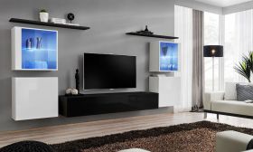 Wandmeubel Balestrand 213, moderne stijl, kleur: wit / zwart - Afmetingen: 160 x 320 x 40 cm (H x B x D), met vijf deuren en 11 vakken
