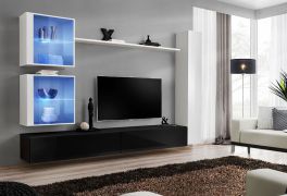 Elegante woonwand Balestrand 277, kleur: wit / zwart - Afmetingen: 180 x 280 x 40 cm (H x B x D), met push-to-open-functie