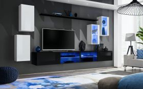Woonkamerwand in modern design Volleberg 69, kleur: wit / zwart - Afmetingen: 150 x 280 x 40 cm (H x B x D), met twee hangvitrines
