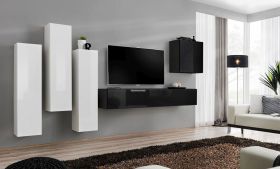 Woonwand met modern design Balestrand 37, kleur: wit / zwart - Afmetingen: 160 x 330 x 40 cm (H x B x D), met vijf deuren