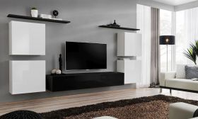 Bijzondere woonwand Balestrand 53, kleur: wit / zwart - Afmetingen: 150 x 320 x 40 cm (H x B x D), met push-to-open-functie
