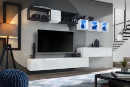 Valand 09 woonkamer wandmeubel, kleur: wit / zwart - Afmetingen: 170 x 280 x 40 cm (H x B x D), met drie bovenkasten