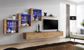Hangelement in modern Balestrand 308 design, kleur: Wotan eik - Afmetingen: 150 x 330 x 40 cm (H x B x D), met acht legplanken
