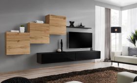 Bijzondere woonwand Balestrand 157, kleur: eiken Wotan / zwart - Afmetingen: 150 x 330 x 40 cm (H x B x D), met push-to-open-functie