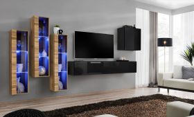 Woonwand in het elegante Balestrand 205-design, kleur: eiken Wotan / zwart – afmetingen: 160 x 330 x 40 cm (H x B x D), met genoeg opbergruimte