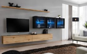 Bijzondere woonwand Balestrand 269, kleur: eiken Wotan / zwart - Afmetingen: 150 x 340 x 40 cm (H x B x D), met push-to-open-functie