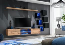 Woonwand in het elegante Volleberg 13-design, kleur: eiken Wotan / zwart – afmetingen: 140 x 260 x 40 cm (H x B x D), met blauwe LED verlichting