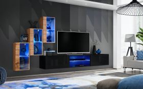Woonwand in het elegante Volleberg 29-design, kleur: eiken Wotan / zwart - Afmetingen: 120 x 210 x 40 cm (H x B x D), met blauwe LED verlichting