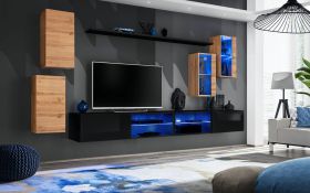 Woonwand met genoeg opbergruimte Volleberg 77, kleur: eiken Wotan / zwart - afmetingen: 150 x 280 x 40 cm (H x B x D), met LED verlichting