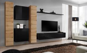 Woonwand in het elegante design Balestrand 93, kleur: eiken Wotan / zwart - afmetingen: 180 x 330 x 40 cm (H x B x D), met 12 vakken