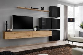 Elegante woonwand Balestrand 141, kleur: eiken Wotan / zwart - Afmetingen: 200 x 310 x 40 cm (H x B x D), met 12 vakken