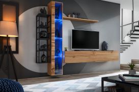 Hangende woonwand Valand 28, kleur: eiken Wotan - Afmetingen: 180 x 240 x 40 cm (H x B x D), met blauwe LED verlichting