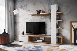 Moderne woonwand Kinn 01, kleur: eiken Wotan / hoogglans wit - afmetingen: 152 x 190 x 35 cm (H x B x D), met genoeg opbergruimte