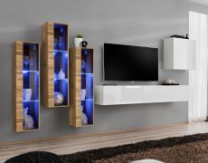 Balestrand 203 wandmeubel, kleur: Wotan eik / wit - Afmetingen: 160 x 330 x 40 cm (H x B x D), met 14 vakken