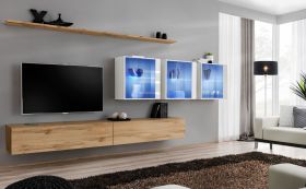 Elegante woonwand Balestrand 267, kleur: eiken Wotan / wit - afmetingen: 150 x 340 x 40 cm (H x B x D), met push-to-open-functie
