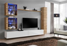 Woonwand met LED verlichting Balestrand 283, kleur: eiken Wotan / wit - Afmetingen: 180 x 280 x 40 cm (H x B x D), met genoeg opbergruimte