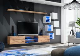 Lichte woonwand Volleberg 11, kleur: eiken Wotan / wit - afmetingen: 140 x 260 x 40 cm (H x B x D), met drie hangvitrines