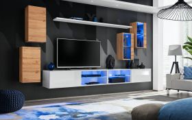 Woonwand met twee hangvitrines Volleberg 75, kleur: eiken Wotan / wit - Afmetingen: 150 x 280 x 40 cm (H x B x D), met blauwe LED verlichting