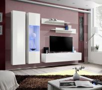 Moderne woonkamerwand Hompland 18, kleur: wit - Afmetingen: 170 x 260 x 40 cm (H x B x D), met blauwe LED verlichting