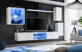 Functionele woonwand Volleberg 33, kleur: wit - afmetingen: 140 x 250 x 40 cm (H x B x D), met een wandplank / wandrek