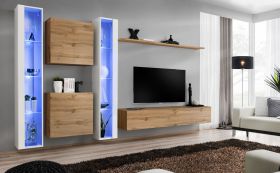 Woonwand in het elegante Balestrand 252-design, kleur: wit / eiken Wotan - Afmetingen: 180 x 330 x 40 cm (H x B x D), met vijf deuren