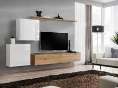 Functioneele woonwand Balestrand 76, kleur: wit / eiken Wotan - Afmetingen: 150 x 250 x 40 cm (H x B x D), met drie deuren