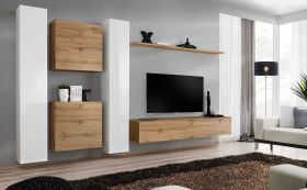 Elegante woonwand Balestrand 92, kleur: wit / eiken Wotan - Afmetingen: 180 x 330 x 40 cm (H x B x D), met push-to-open-functie