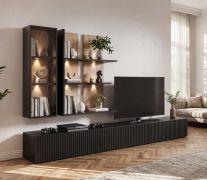 Woonwand / 3 meter lang / kleur: zwart / eiken vicking / geribbeld front / incl. geïntegreerde LED-verlichting / 1 vitrinekast / 2 wandplanken / 300 x 45 x 160 cm