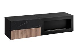 TV-onderkast / bio-ethanol schouw / geribbeld front / kleur: zwart / eiken vicking / zwart marmer / push-to-open functie / 160 x 45 x 42 cm / 2 lades