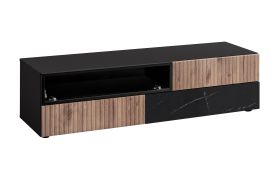 TV-meubel / geribbeld front / kleur: zwart / eiken vicking / zwart marmer / push-to-open functie / 160 x 45 x 42 cm / 3 lades / 1 klapdeur