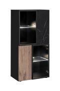 Vitrinekast / geribbeld front / kleur: zwart / eiken vicking / zwart marmer / 60 x 40 x 122 cm / push-to-open functie / incl. LED-verlichting / 8 vakken